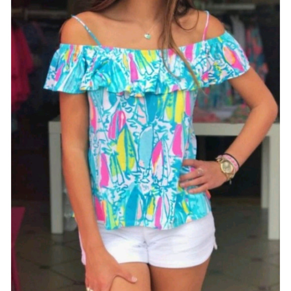 Lilly Pulitzer Top Womens XXS Blue Pink Off Shoulder Ruffle Surfboard Print Boho - Picture 2 of 16